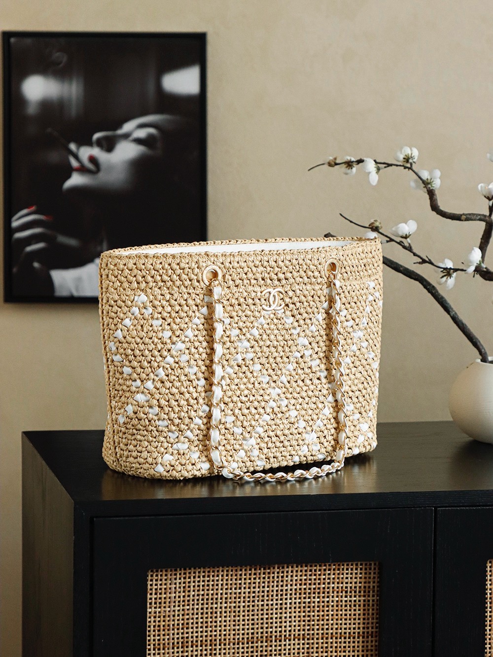Woven Beige Tote with White Diamond Accent and Chain Handles